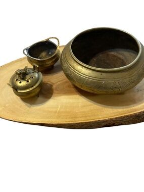 Vintage Chinese brass incense holders & pot. 3 pce